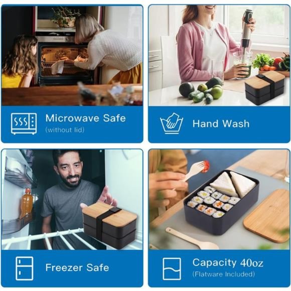 NEW in Box - Japanese Bamboo Box, Lunch Bag Meal Prep Black for Kids & Adults - Picture 3 of 6